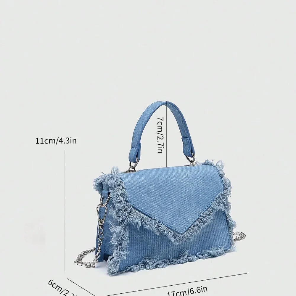 Blue Fashionable Women's Fringed Small Square Chain Crossbody Shoulder Bag